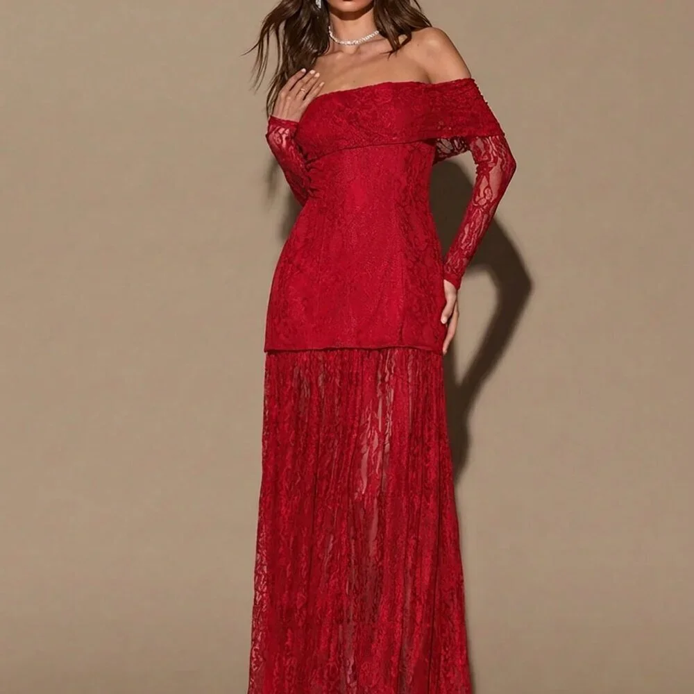 Red Elegant Women's Lace Off Shoulder Long Sleeve Dress - Picture 4 of 6